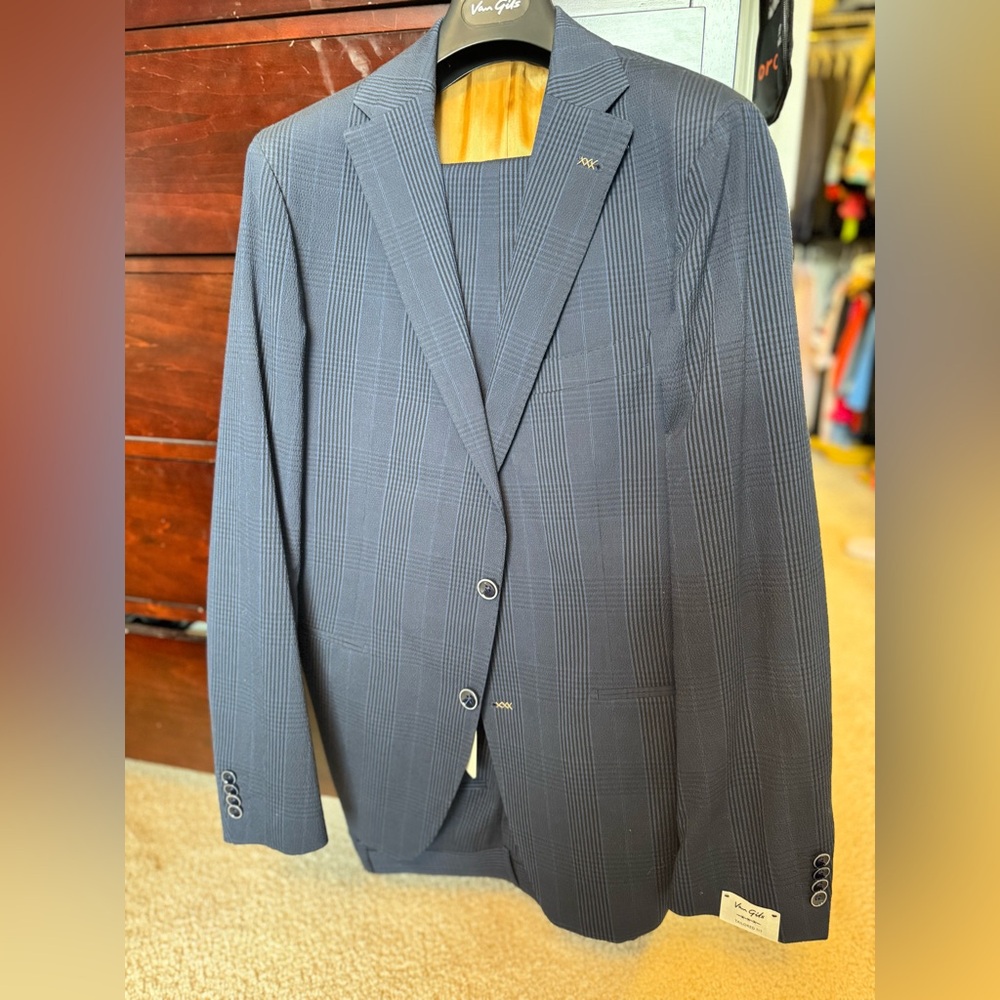 Brand New, never worn or altered men's Van Gils blue checkered suit.